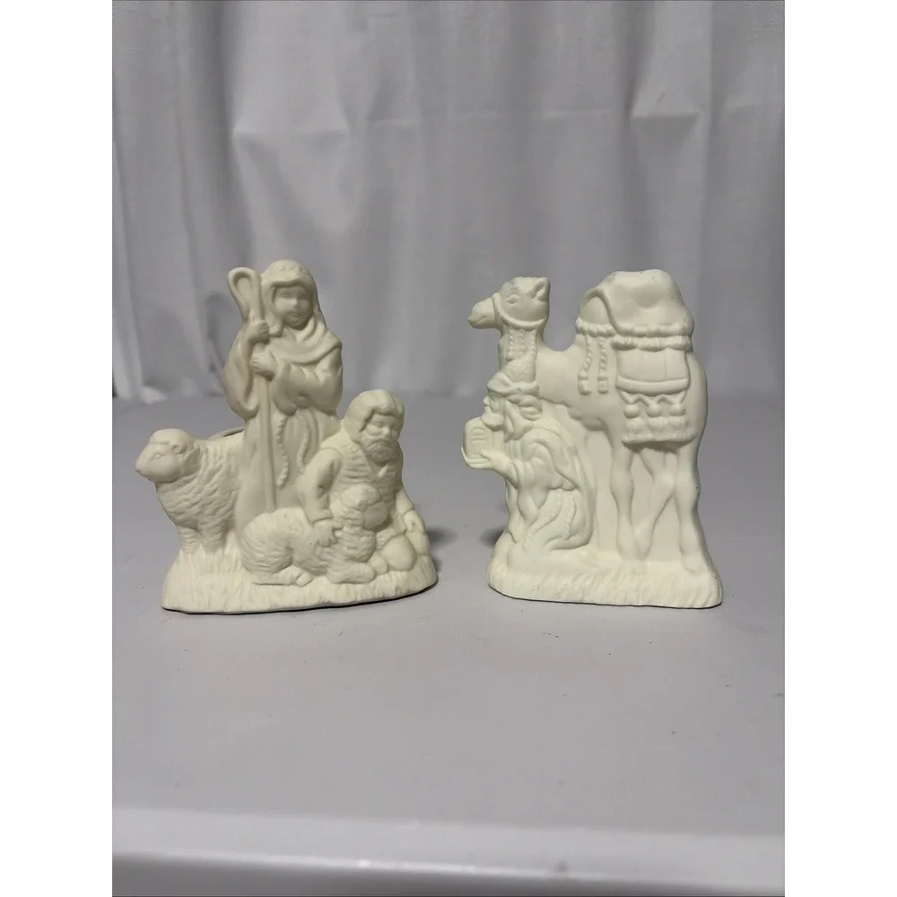 2 Partylite O Holy Night Shepherd and Wiseman Tea Light Holders Bisque Porcelain